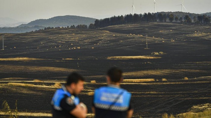 Police officers inspect the scene after forest fires affected the area near to Miranda de Arga, around 40 kilometers (27m miles) from Pamplona, northern Spain, Thursday, June 16, 2022, as  Spain´s weather service says a mass of hot air from North Africa has brought the country’s first major heat wave of the year. (AP Photo/Alvaro Barrientos)
