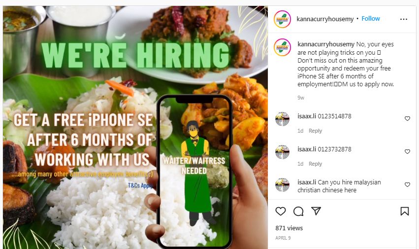 Restoran Kari Cari Pegawai dengan Hadiah iPhone SE