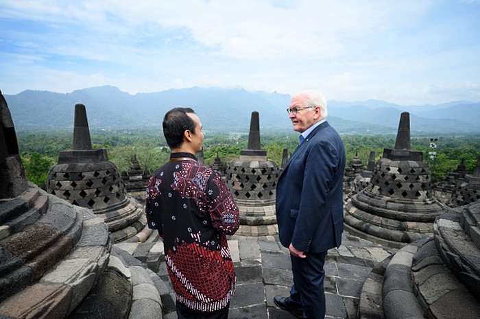 17 June 2022, Indonesia, Yogyakarta: German President Frank-Walter Steinmeier will be guided through the Borobudur temple complex. The approximately 1200-year-old step-shaped temple is considered the most important Buddhist building on Java and the largest Buddhist temple in the world. It has been a Unesco World Heritage Site since 1991. President Steinmeier is on a two-day visit to Indonesia. He was previously in Singapore for two days. Photo: Bernd von Jutrczenka/dpa (Photo by Bernd von Jutrczenka/picture alliance via Getty Images)