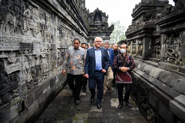 17 June 2022, Indonesia, Yogyakarta: German President Frank-Walter Steinmeier will be guided through the Borobudur temple complex. The approximately 1200-year-old step-shaped temple is considered the most important Buddhist building on Java and the largest Buddhist temple in the world. It has been a Unesco World Heritage Site since 1991. President Steinmeier is on a two-day visit to Indonesia. He was previously in Singapore for two days. Photo: Bernd von Jutrczenka/dpa (Photo by Bernd von Jutrczenka/picture alliance via Getty Images)