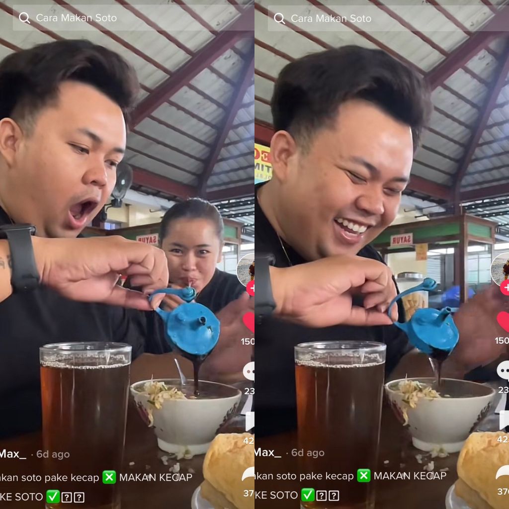 Pria ngakak makan soto ketumpahan kecap
