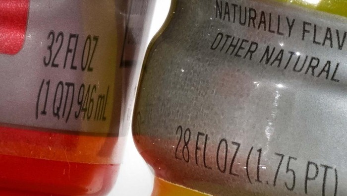 Bottles of Gatorade are pictured, left, a 32 fluid ounce and 28 fluid ounce, in Glenside, Pa., Monday, June 6, 2022. (AP Photo/Matt Rourke)