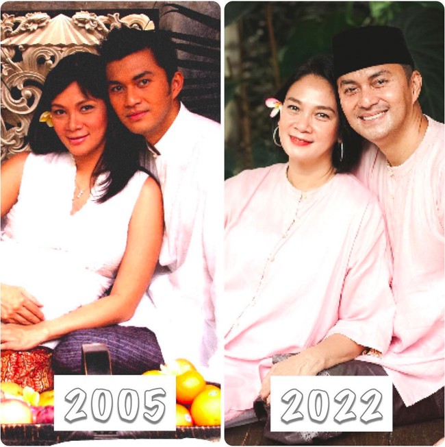 Anjasmara memperlihatkan momen throwback di Instagramnya. Dalam dua foto yang digabung menjadi satu frame itu tampak penampilan mereka di tahun 2005 dan 2022. Tampak wajah Dian dan Anjasmara tidak banyak perubahan. Foto: dok. Instagram