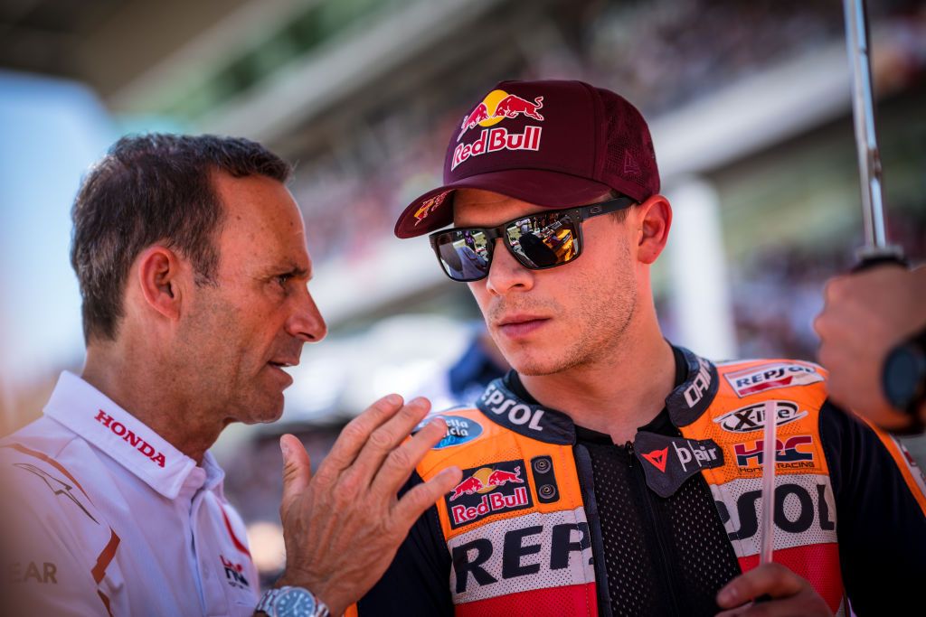 BARCELONA, SPAIN - JUNE 05: Alberto Puig and Stefan Bradl of Germany and Repsol Honda Team at the starting grid during the race of the MotoGP Gran Premi Monster Energy de Catalunya at Circuit de Barcelona-Catalunya on June 05, 2022 in Barcelona, Spain. (Photo by Steve Wobser/Getty Images)