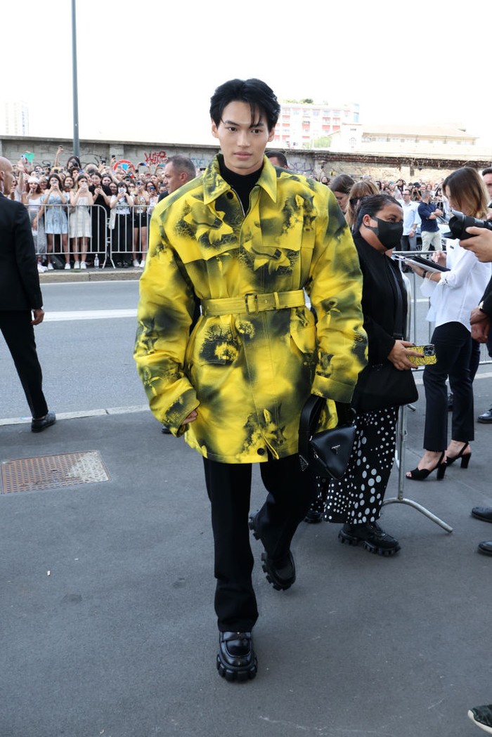 MILAN, ITALY - JUNE 19: Metawin Opas-iamkajorn, Manu Rios and Filippo Scotti attend Prada Spring/Summer 2023 Menswear Fashion Show on June 19, 2022 in Milan, Italy. (Photo by Jacopo M. Raule/Getty Images for Prada)