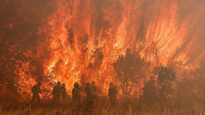 A firefighter operates at the site of a wildfire in Pumarejo de Tera near Zamora, northern Spain, on June 18, 2022. - Firefighters continued to fight against multiple fires in Spain, one of which ravaged nearly 20,000 hectares of land, on the last day of an extreme heat wave which crushed the country, with peaks at 43 degrees. The largest of these forest fires was still out of control this afternoon in the Sierra de la Culebra, a mountain range in the region of Castile and Leon (northwest), near the border with Portugal. (Photo by CESAR MANSO / AFP) (Photo by CESAR MANSO/AFP via Getty Images)