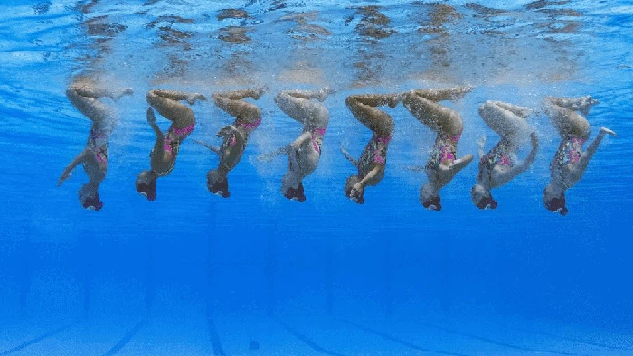 BUDAPEST, HUNGARY - JUNE 19: (EDITORS NOTE: Image taken using an underwater camera.) Team United States competes in the Artistic Swimming Team Technical Preliminaries on day three of the Budapest 2022 FINA World Championships at Alfred Hajos National Aquatics Complex on June 19, 2022 in Budapest, Hungary. (Photo by Tom Pennington/Getty Images