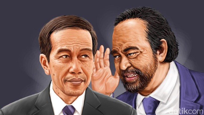 Ilustrasi Surya Paloh membisiki Jokowi menjelang reshuffle kabinet.
