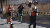 Momen unik terlihat saat maraton ini digelar, salah satunya saat warga menggendong anjing peliharaannya saat berlari mencapai garis finis.