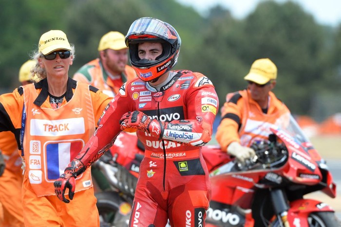 Ducati Lenovo Italian rider Francesco Bagnaia gets up after a crash during the French Moto GP Grand Prix, at the Bugatti circuit in Le Mans, northwestern France, on May 15, 2022. (Photo by JEAN-FRANCOIS MONIER / AFP) (Photo by JEAN-FRANCOIS MONIER/AFP via Getty Images)