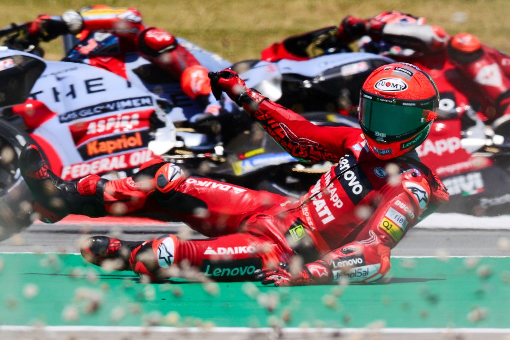 BARCELONA, SPAIN - JUNE 5: Francesco 'Pecco' Bagnaia of Italy crashes during the Moto GP of Catalunya at Circuit de Barcelona-Catalunya on June 5, 2022 in Barcelona, Spain. (Photo by Joan Cros Garcia - Corbis/Corbis via Getty Images)