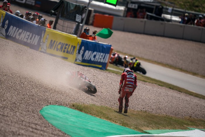HOHENSTEIN-ERNSTTHAL, GERMANY - JUNE 19: Francesco Bagnaia of Italy and Ducati Lenovo Team after his crash at turn one during the race of the MotoGP Liqui Moly Motorrad Grand Prix Deutschland at Sachsenring Circuit on June 19, 2022 in Hohenstein-Ernstthal, Germany. (Photo by Steve Wobser/Getty Images)