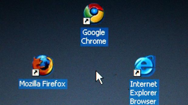   In this photo illustration Google's Chrome browser shortcut, Google Inc.'s new Web browser, is displayed next to Mozilla Firefox shortcut and Microsoft's Internet Explorer browser shortcut, on an laptop.   (Photo Illustration by Alexander Hassenstein/Getty Images)