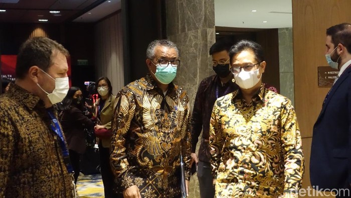 Dirjen WHO Tedros Adhanom Ghebreyesus mengenakan batik saat pertemuan Menkes G20 di Jogja, Senin (20/6/2022). Tedros menyebut makna batiknya berupa ketenangan.