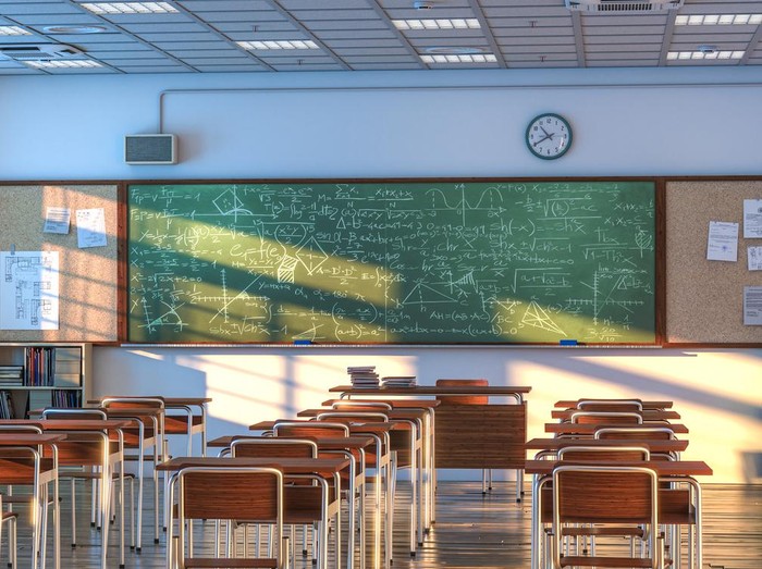 interior of a school classroom with wooden desks and chairs. nobody around. 3d render