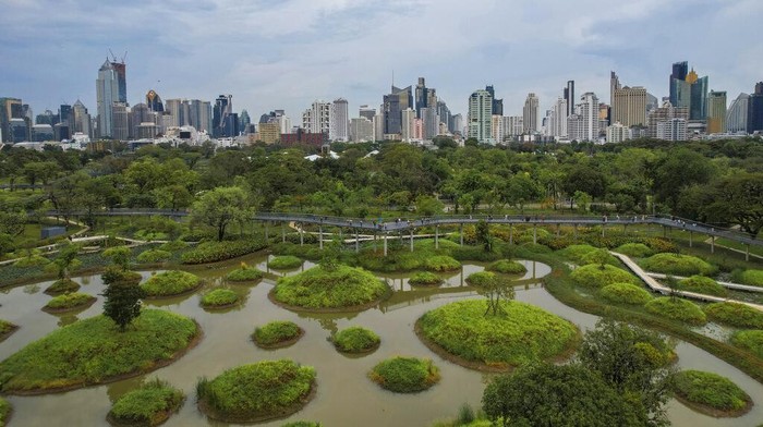 Menikmati Alam di Jantung Kota Bangkok Water features fill Benjakitti Park in Bangkok, Thailand, Sunday, May 8, 2022. Bursting with trees, ponds, plants and birdlife, the new inner-city park is delighting residents of Thailandβs bustling, congested capital. Every day, crowds visit Benjakitti Forest Park to savor a taste of nature in the heart of Bangkok. (AP Photo/Krit Phromsakla Na Sakolnakorn)