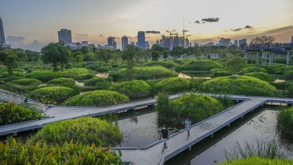 Pembangunan taman itu adalah bagian dari upaya Bangkok menjadi kota yang lebih hijau dan layak huni pada 2030. Ruang terbuka hijau (RTH) seluas puluhan hektare dibangun di tengah hiruk pikuk kota. (AP/Sakchai Lalit)
