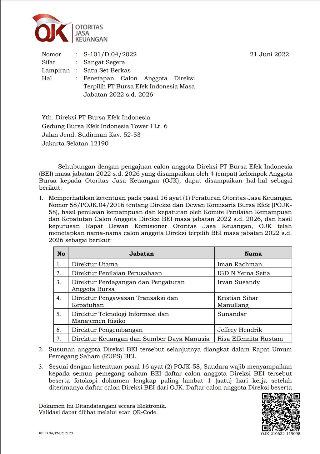 Beredar Surat Ojk Penetapan Direksi Bei 2022 2026 