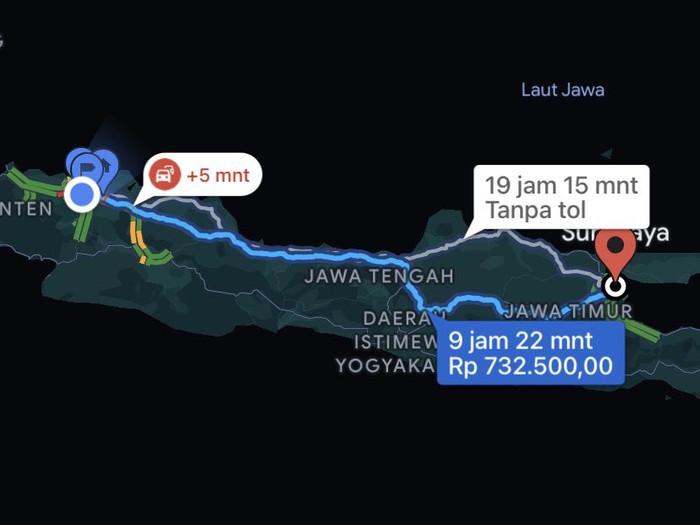 Perkiraan Tarif Tol Jakarta-Surabaya di Aplikasi Google Maps