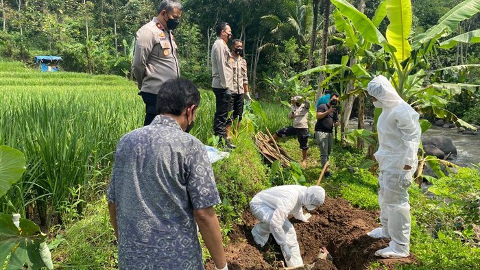 Petugas menguburkan bangkai kambing yang hanyut di Kali Serang, Kabupaten Semarang, Selasa (21/6/2022).