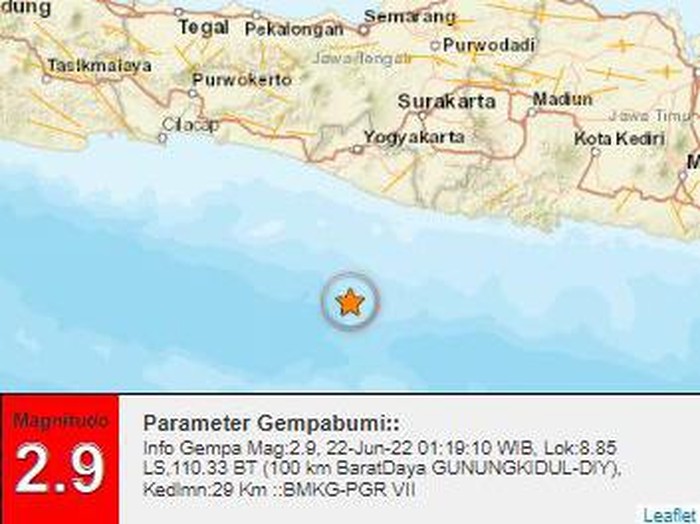 Gempa M 2,9 di Gunungkidul pada 22 Juni 2022. Gempa ini merupakan gempa ketiga yang terjadi di Jogja pada dini hari.