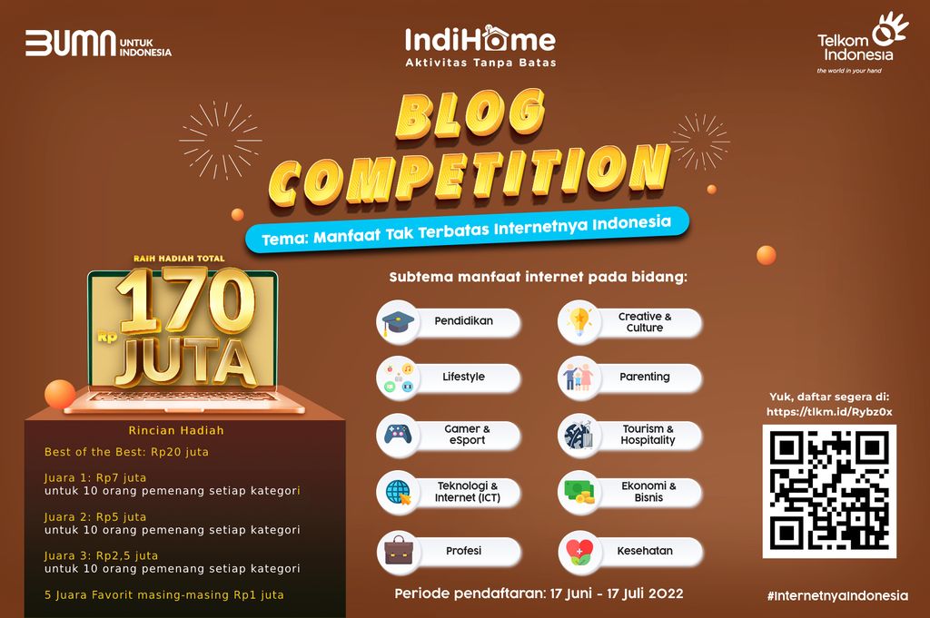 IndiHome kembali menggelar Blog Competion 2022 untuk para blogger dengan total hadiah Rp 170 juta.