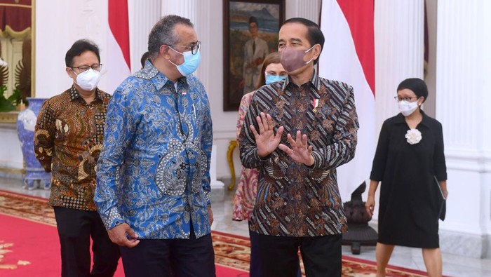 Jokowi bertemu Direktur Jenderal WHO Tedros Adhanom Ghebreyesus di Istana Merdeka. Sejumlah hal dibahas dalam pertemuan itu, salah satunya soal pandemi COVID-19