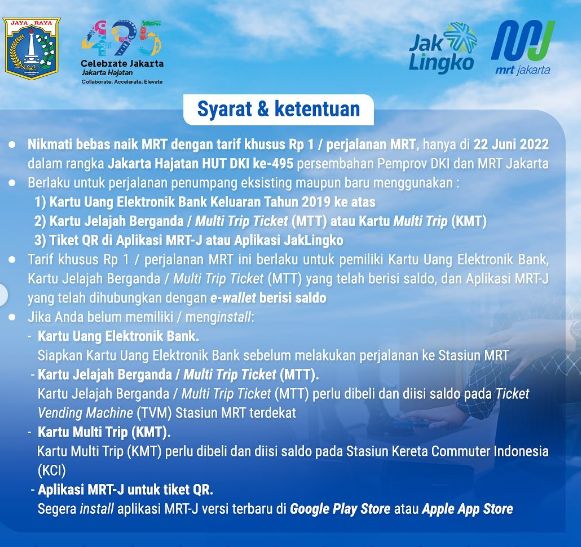Naik MRT gratis hanya berlaku hari ini, Rabu (22/6/202). Pemprov DKI menggratiskan biaya naik MRT dalam rangka memperingati HUT DKI Jakarta ke-495.