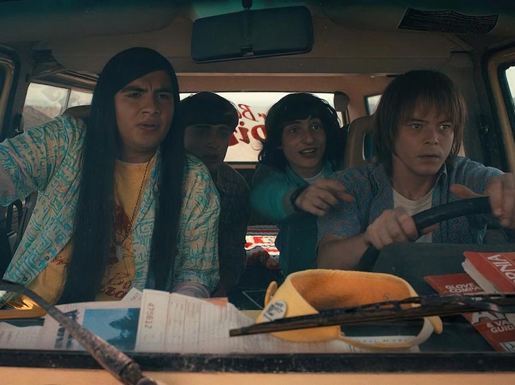STRANGER THINGS (2022) STRANGER THINGS. (L to R) Eduardo Franco as Argyle, Noah Schnapp as Will Byers, Finn Wolfhard as Mike Wheeler, and Charlie Heaton as Jonathan Byers in STRANGER THINGS. Cr. Courtesy of Netflix © 2022