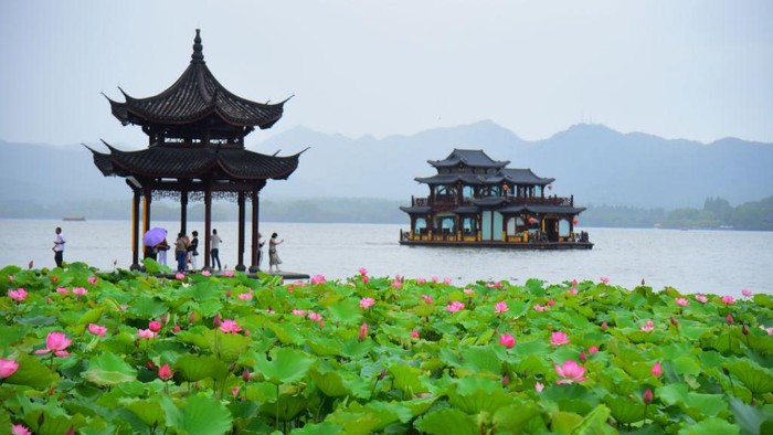 1404479758 HANGZHOU, CHINA - JUNE 22: Tourists visit Jixian Pavilion behind blooming lotus flowers at the West Lake Scenic Area on June 22, 2022 in Hangzhou, Zhejiang Province of China. (Photo by Lian Guoqing/VCG via Getty Images)