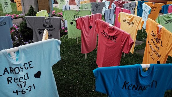 HARRISBURG, PENNSYLVANIA - JUNE 22: Shirts representing victims of gun violence in Harrisburg are displayed in a memorial at St. Francis Catholic Church on June 22, 2022 in Harrisburg, Pennsylvania. The gun violence awareness memorial was installed by the Harrisburg Chapter of Heeding God’s Call to End Gun Violence. The memorial includes 64 shirts with the names, ages and dates of death of those killed in gun violence  in Harrisburg and neighboring communities from 2019 through the present. Since 2009, 199 people have been fatally shot in the capital city. (Photo by Spencer Platt/Getty Images)