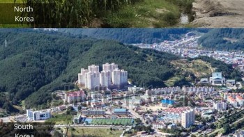 Ini adalah penampakan pedesaan di kedua negara tersebut. Di Korea Selatan terlihat seperti di kota besar karena padatnya gedung dan rumah, sedangkan di Korea Utara bagunannya sudah tampak tua. Foto: cleverclassic