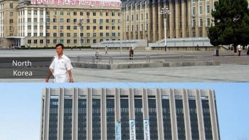 Penampakan gedung pemerintah, di Korea Utara sebagai negara komunis kerap untuk melakukan kampanye dan prpoganda akan ditempelkan di seluruh gedung termasuk di gedung pemerintah ini yang tampak jadul. Sedangkan di Korsel terlihat lebih modern dan menyatu dengan gedung-gedung di sekitarnya. Foto: cleverclassic