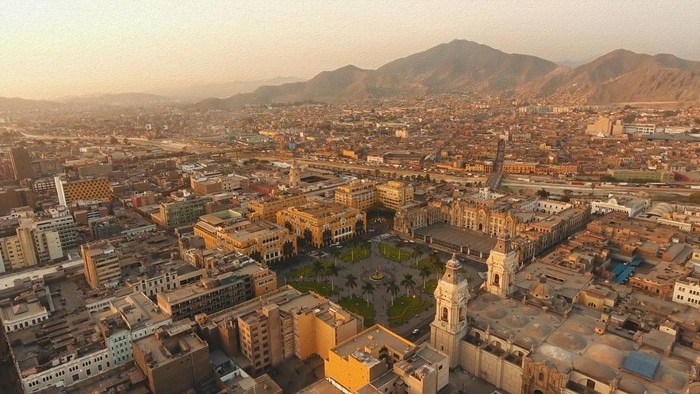 Panoramic view of Lima, Peru main square (Plaza de Armas) during the summer
