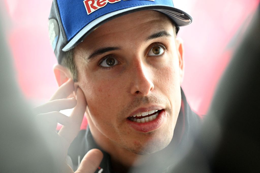 LCR Honda Castrol Spanish rider Alex Marquez speaks to reporters at the Algarve International Circuit in Portimao on April 21, 2021, ahead of the Portuguese Grand Prix MotoGP. (Photo by GABRIEL BOUYS / AFP) (Photo by GABRIEL BOUYS/AFP via Getty Images)