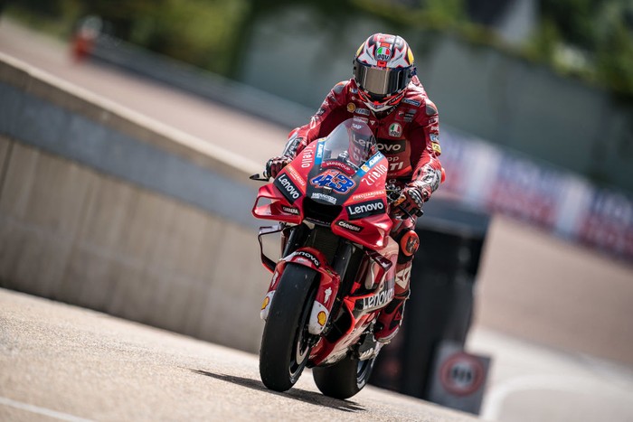 HOHENSTEIN-ERNSTTHAL, GERMANY - JUNE 18: Jack Miller of Australia and Ducati Lenovo Team enters pitlane during the qualifying session of the MotoGP Liqui Moly Motorrad Grand Prix Deutschland at Sachsenring Circuit on June 18, 2022 in Hohenstein-Ernstthal, Germany. (Photo by Steve Wobser/Getty Images)