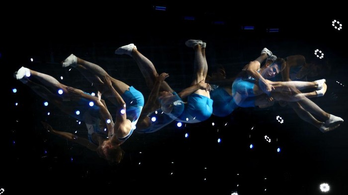BERLIN, GERMANY - JUNE 23: (EDITORS NOTE: This image was created using in-camera multiple exposure.) Matthias Schuldt of TG Dietzenbach competes in the Individual Trampoline Mens Final on day X1 of the multi sport event Die Finals on June 23, 2022 in Berlin, Germany. (Photo by Alex Grimm/Getty Images)