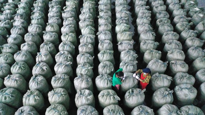 CHONGQING, CHINA - JUNE 23: Employees transport crates of silkworm cocoons purchased from farmers to put into storage at a silk mill on June 23, 2022 in Chongqing, China. (Photo by Yang Min/VCG via Getty Images)