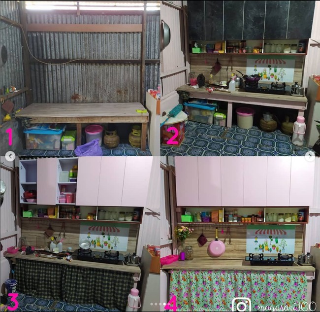 Setelah dicat, dapur pun ditambahkan dengan kitchen set yang juga berwarna merah muda. Peralatan memasaknya juga tersusun dengan rapih yang membuat dapur jadi semakin terlihat estetik. Foto: Instagram/@mayasari.100