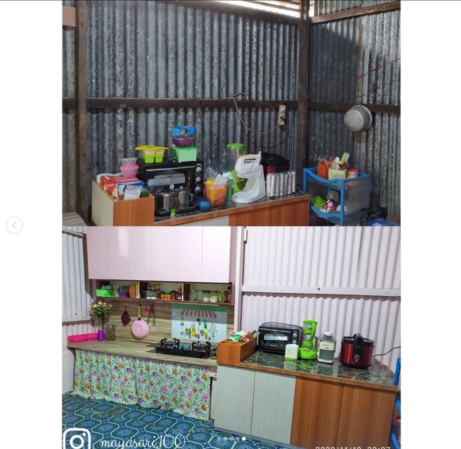 Salah satu bagian rumah yang penting untuk diperhatikan adalah dapur. Jika dapurnya nyaman, maka kegiatan memasak pun bisa jadi menyenangkan. Namun tak perlu dengan biaya mahal, nyatanya dapur berdinding seng yang satu ini pun bisa disulap jadi estetik dan instagrammable. Foto: Instagram/@mayasari.100
