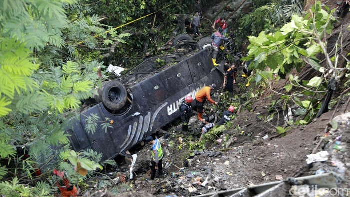Polisi menuruni tebing saat melakukan olah tempat kejadian perkara kecelakaan bus pariwisata yang masuk jurang di Kampung Cirendeu, Desa Manggungsari, Kecamatan Rajapolah, Kabupaten Tasikmalaya, Jawa Barat, Sabtu (25/6/2022). Empat orang tewas dalam kecelakaan tunggal bus pariwisata yang berpenumpang rombongan guru dan staf SDN Sayang, Jatinangor, Kabupaten Sumedang tersebut. ANTARA FOTO/Humas Polres Tasikmalaya Kota/Handout/ADB/wsj.
