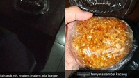Menemukan kemasan plastik yang mirip dengan kemasan burger, netizen ini terlalu cepat merasa bahagia. Saat dibuka ternyata isi kemasannya hanya sebongkah bumbu kacang untuk pecel. Foto: Twitter/txtdrkuliner