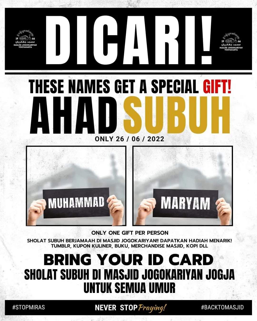 Poster mencari orang bernama Muhammad dan Maryam yang beredar di media sosial Instagram, Sabtu (25/6) malam.