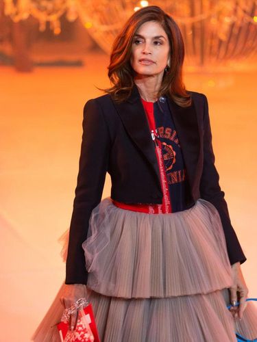 PARIS, FRANCE - FEBRUARY 28: (EDITORIAL USE ONLY - For Non-Editorial use please seek approval from Fashion House) Cindy Crawford walks the runway of the Virgil Abloh's final show during the Off-White Womenswear Fall/Winter 2022-2023 show Spaceship Earth: An 