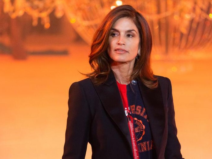 PARIS, FRANCE - FEBRUARY 28: (EDITORIAL USE ONLY - For Non-Editorial use please seek approval from Fashion House) Cindy Crawford walks the runway of the Virgil Ablohs final show during the Off-White Womenswear Fall/Winter 2022-2023 show Spaceship Earth: An Imaginary Experience at Palais Brongniart during Paris Fashion Week on February 28, 2022 in Paris, France. (Photo by Victor Boyko/Getty Images)