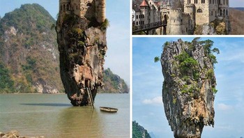 Beredar foto kastil ajaib yang membuat kagum banyak orang, karena berdiri di atas batu karang. Faktanya, ini adalah gabungan dua foto dari foto batu di Thailand dan sebuah istana di Jerman. Foto: Boredpanda