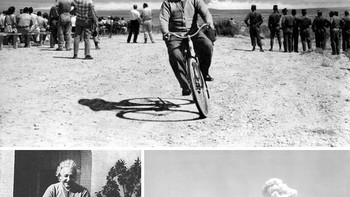 Foto Albert Einsten bersepeda saat uji coba bom atom bikin heboh. Nyatanya foto ledakan ini sebenarnya diambil 7 tahun setelah kematian Albert Einstein. Foto: Boredpanda