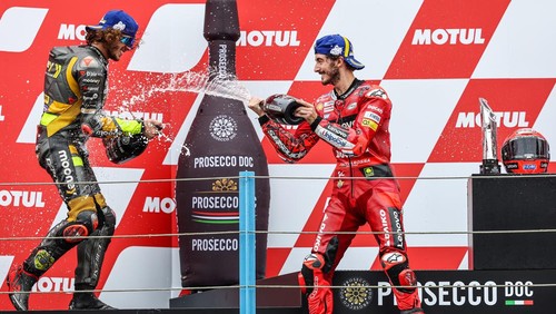 ASSEN - Marco Bezzecchi (ITA) and Francesco Bagnaia (ITA) after the MotoGP final on June 26, 2022 at the TT circuit of Assen, Netherlands. ANP VINCENT JANNINK (Photo by ANP via Getty Images)