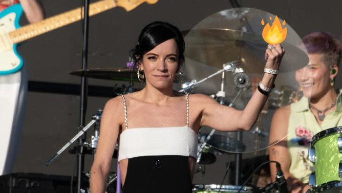 GLASTONBURY, ENGLAND - JUNE 25: (EDITORS NOTE: Image contains profanity.) Lily Allen flips her middle finger at the US abortion ruling as she performs as a surprise guest of Olivia Rodrigo on the Other stage during day four of Glastonbury Festival at Worthy Farm, Pilton on June 25, 2022 in Glastonbury, England. (Photo by Joseph Okpako/WireImage)