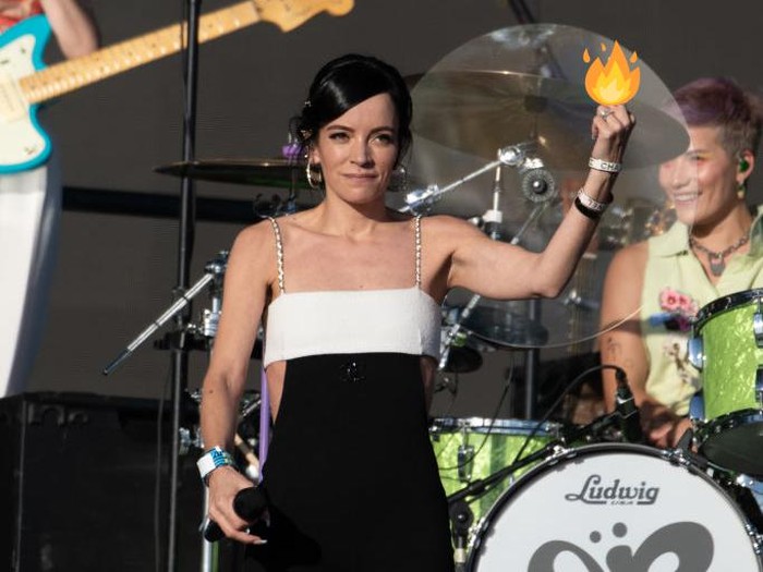 GLASTONBURY, ENGLAND - JUNE 25: (EDITORS NOTE: Image contains profanity.) Lily Allen flips her middle finger at the US abortion ruling as she performs as a surprise guest of Olivia Rodrigo on the Other stage during day four of Glastonbury Festival at Worthy Farm, Pilton on June 25, 2022 in Glastonbury, England. (Photo by Joseph Okpako/WireImage)